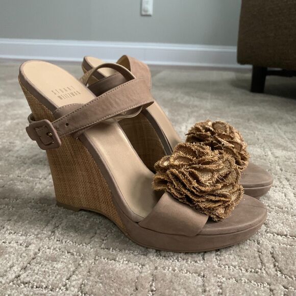 Stuart Weitzman Belflor Espadrille Wedge Sandals Ankle Strap 10M Tan Vacation - Picture 2 of 13